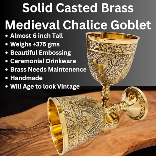 ALADEAN Vintage Chalice Medieval Goblet | 1x Solid Brass 6" Royal Wine Glass Cups 7oz - Renaissance Gifts Wedding Anniversary Novelty Ceremonial Drinkware Pack of 1pc (Roman Chalice) - Image 2