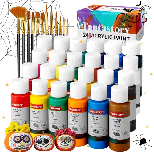 Fantastory Acrylic Paint Set, 24 x 60 ml with 12 Brushes; Christmas Acrylic Paint, Waterproof; For Artwork & DIY Projects on Canvas, Wood, Glass, Clay, Fabric, Ceramic, Paper, Canvas - Image 1