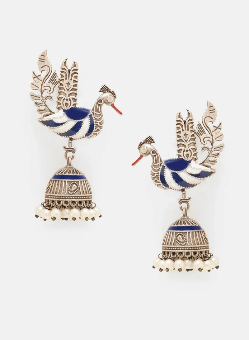 Priyaasi Beaded Peacock Shaped Oxidised Jhumkas Earrings