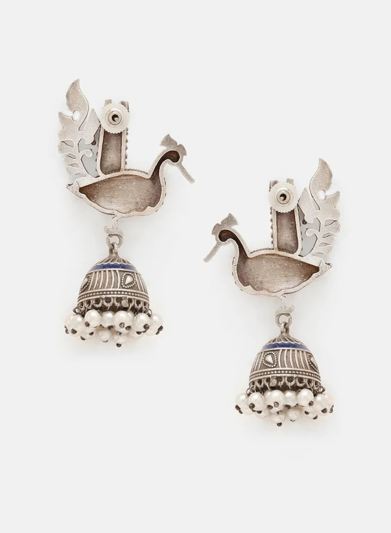 Priyaasi Beaded Peacock Shaped Oxidised Jhumkas Earrings