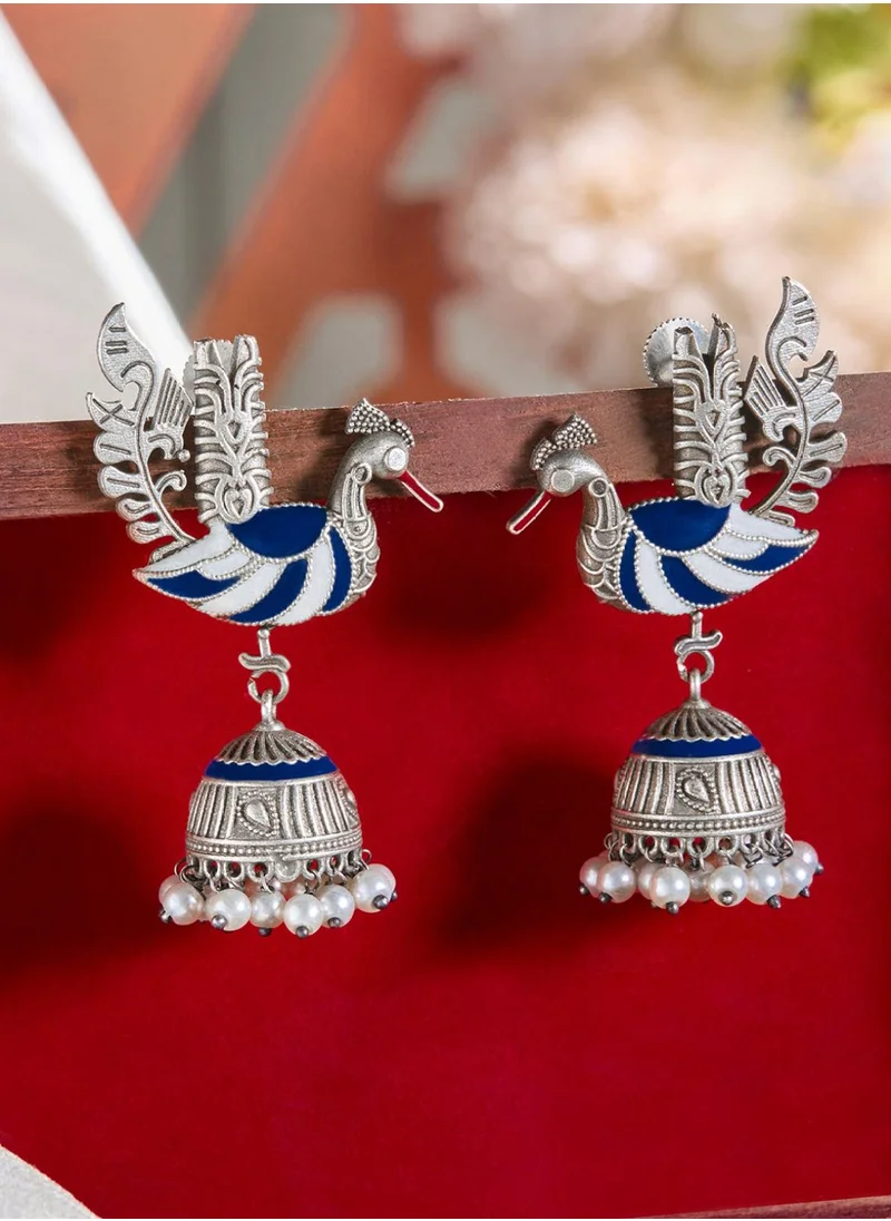 برياسي Beaded Peacock Shaped Oxidised Jhumkas Earrings