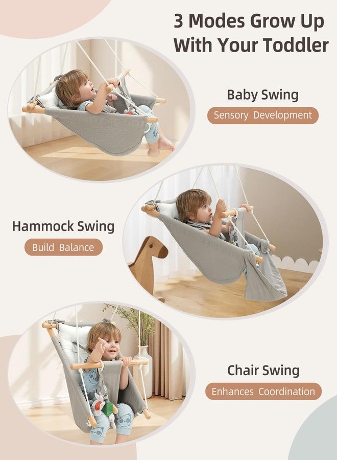gladswing Baby Swing Indoor Outdoor, Canvas Hammock Swing for Infant to Toddler With Comfort Footrest, Montessori Toys, Upgraded 5-Point Harness for Secure Fit, 3 Modes, Gift for Baby Boys Girls, Grey and White - Image 2