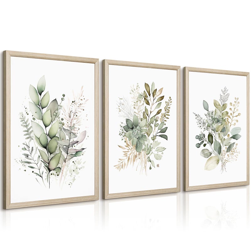 Joocrise Watercolor Botanical Wall Art Set of 3 Boho Floral Canvas Wall Decor Prints Sage Green Wildflower Wall Art Modern Flower Pictures Botanical Painting for Bedroom Bathroom 12x16 Inch Wood Framed - Image 1