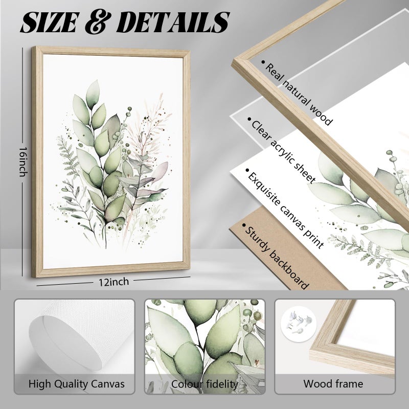 Joocrise Watercolor Botanical Wall Art Set of 3 Boho Floral Canvas Wall Decor Prints Sage Green Wildflower Wall Art Modern Flower Pictures Botanical Painting for Bedroom Bathroom 12x16 Inch Wood Framed - Image 2