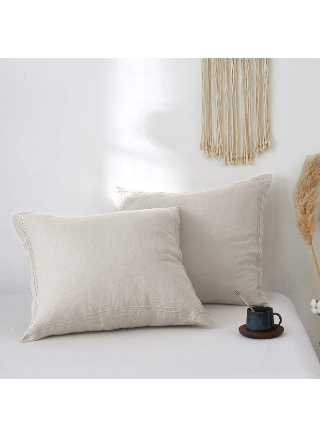 Simple&Opulence 100% French Linen Euro Shams with Embroidery (26'' x 26'') - Pack of 2 - Pre Washed Solid Color Natural Flax Soft Breathable - Linen - Image 1