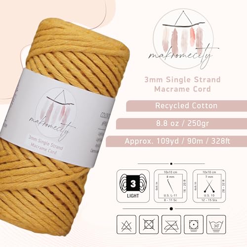 Makromecity, Single Strand Macrame Cord 3 mm x 100 Yards (300 feet) 3mm Single Twisted Mustard Cotton Cord for Macrame Art & Crafts for Wall Hangings Recycled Cotton Cord Yarn DIY (Mustard, 1 Skein) - Image 2