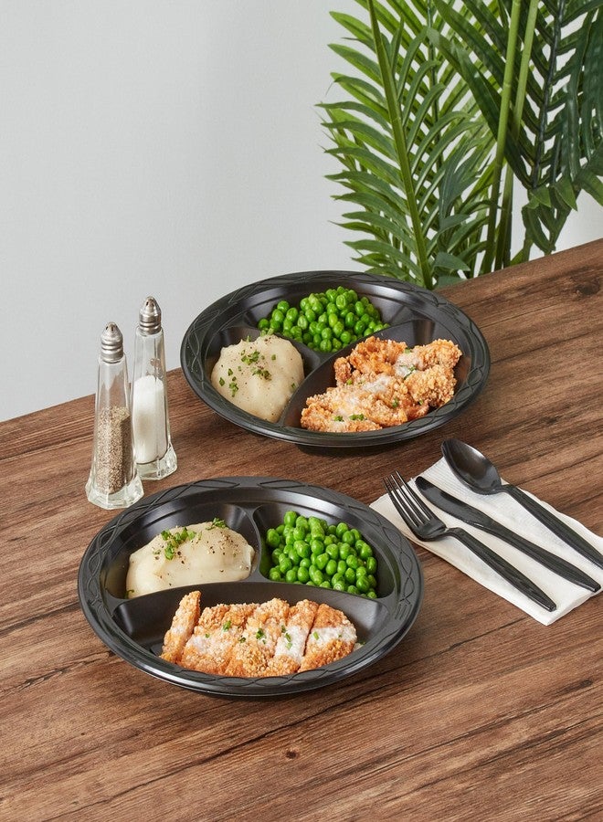 Restaurantware أطباق طعام ميكروويف من رستورانت وير RW بحجم 10.4 بوصة، 100 طبق بلاستيكي دائري - 3 أقسام، قابلة للتخلص، أطباق عشاء بلاستيكية سوداء، لتقديم الأطعمة الساخنة والباردة، للمطاعم والمقاهي - Image 3