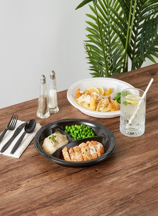 Restaurantware أطباق طعام ميكروويف من رستورانت وير RW بحجم 10.4 بوصة، 100 طبق بلاستيكي دائري - 3 أقسام، قابلة للتخلص، أطباق عشاء بلاستيكية سوداء، لتقديم الأطعمة الساخنة والباردة، للمطاعم والمقاهي - Image 5