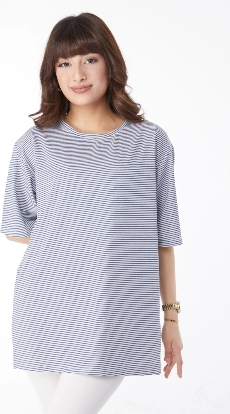 Tofisa Plain Crew Neck Women's Navy Blue Striped T-Short - 25119