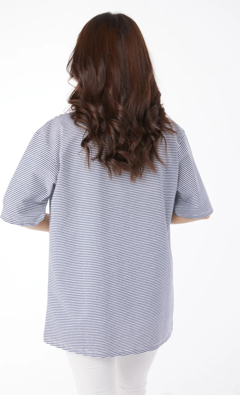Tofisa Plain Crew Neck Women's Navy Blue Striped T-Short - 25119