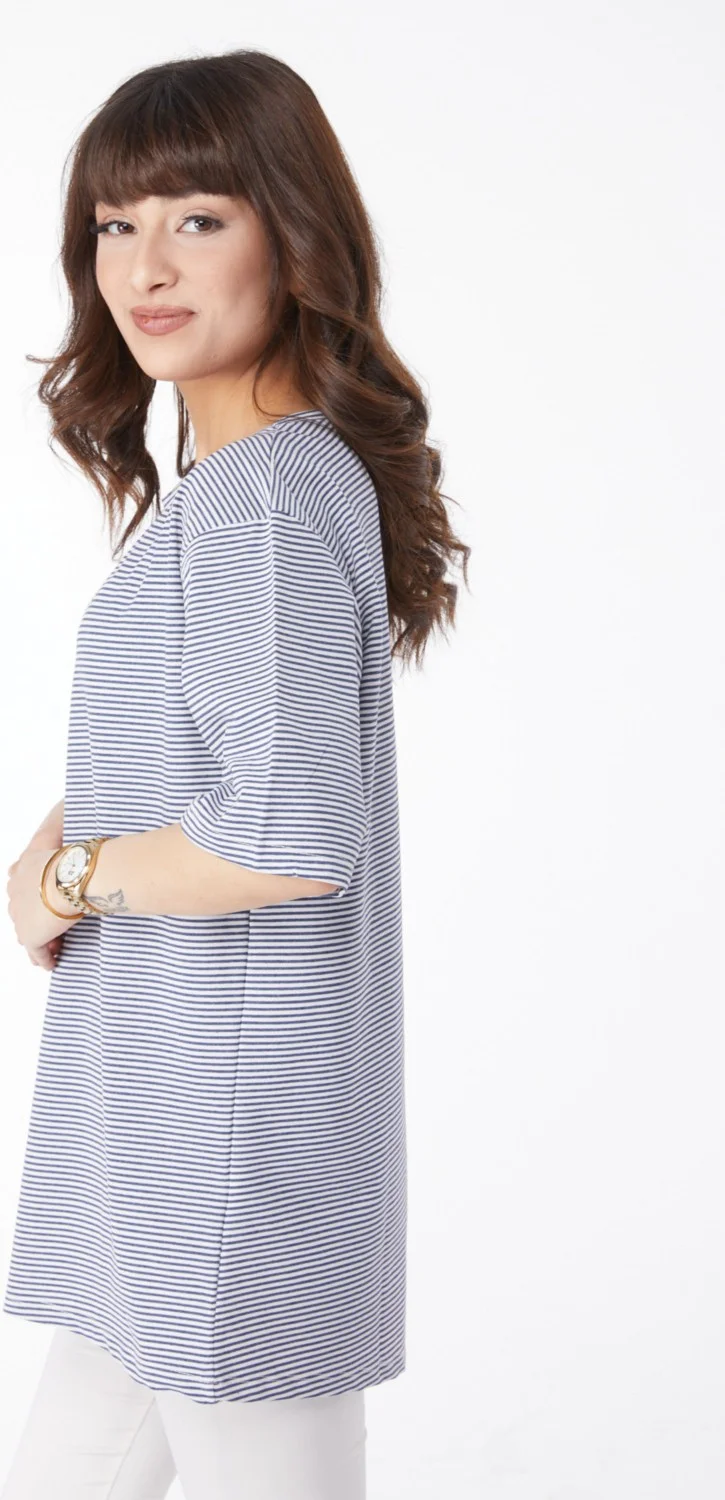 Tofisa Plain Crew Neck Women's Navy Blue Striped T-Short - 25119
