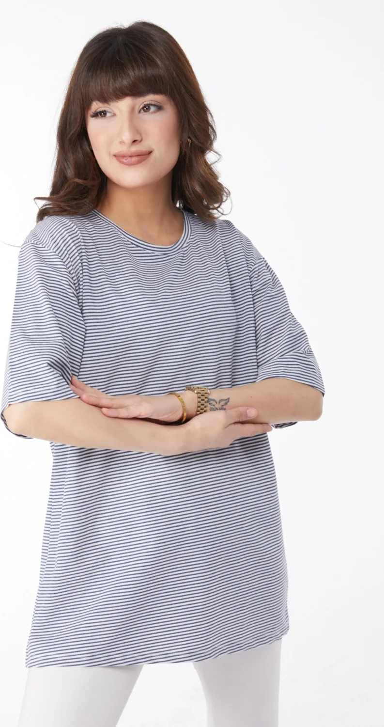 Tofisa Plain Crew Neck Women's Navy Blue Striped T-Short - 25119