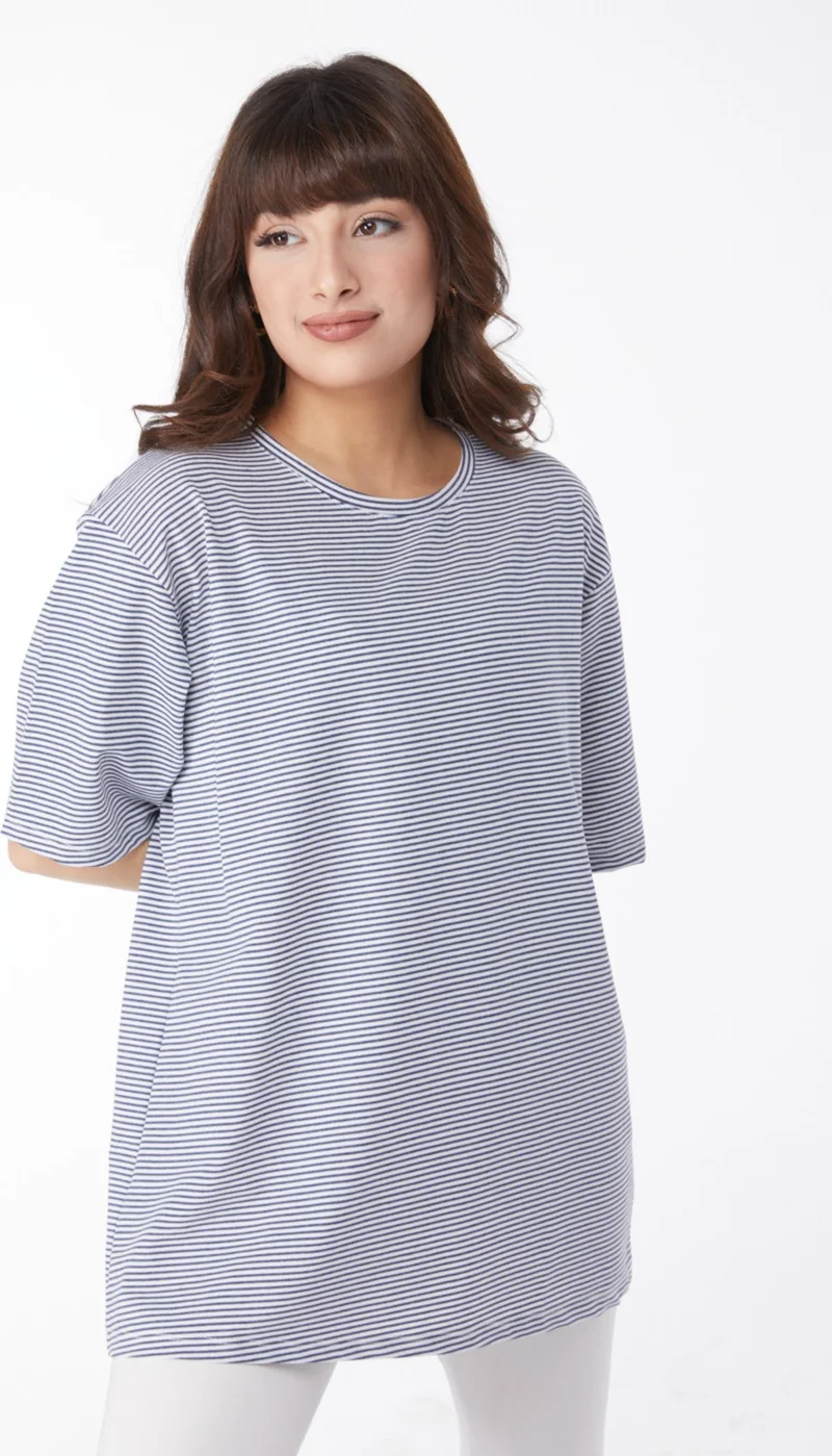 Tofisa Plain Crew Neck Women's Navy Blue Striped T-Short - 25119