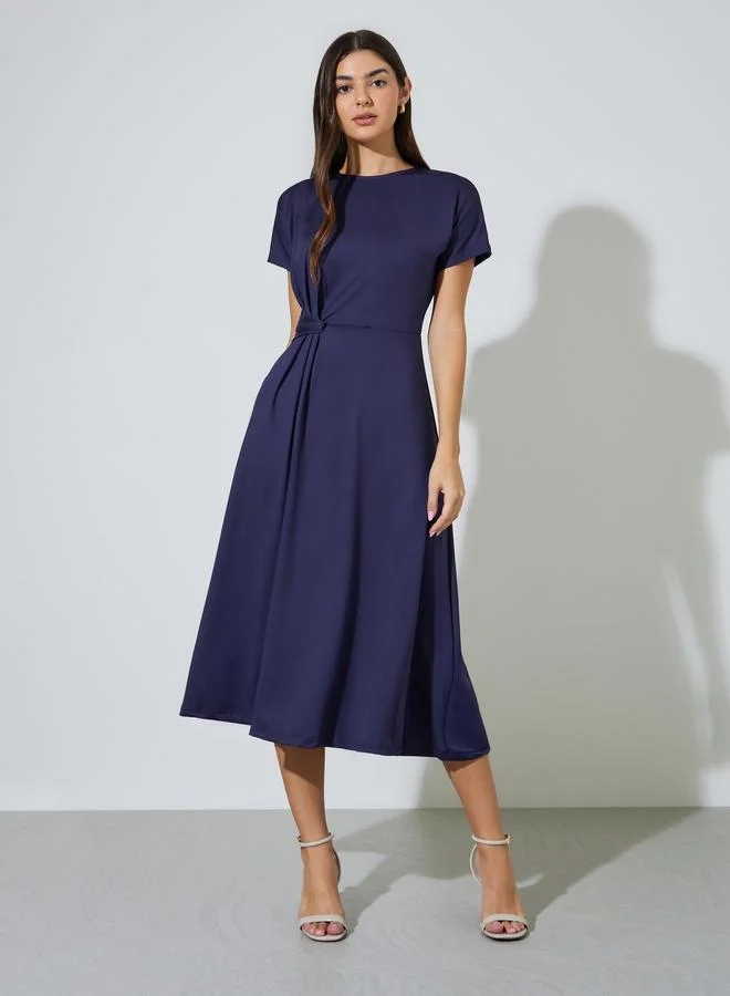 Styli Purple Solid Gathered Detail A-Line Midi Dress