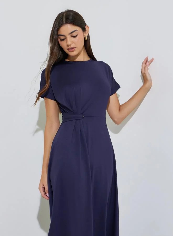 Styli Purple Solid Gathered Detail A-Line Midi Dress