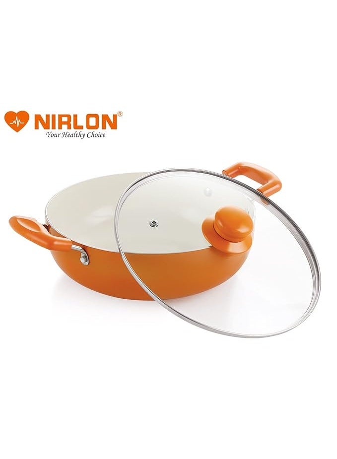 Nirlon Ceramic Non Stick Induction Aluminium Kadhai with glass lid, 3.6 litres, Orange - Image 3