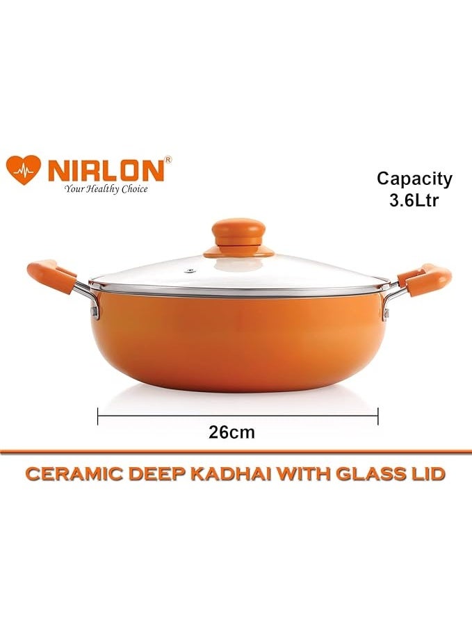 Nirlon Ceramic Non Stick Induction Aluminium Kadhai with glass lid, 3.6 litres, Orange - Image 4