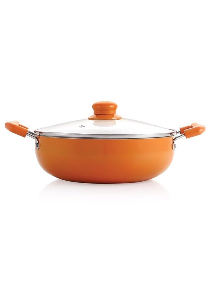 Nirlon Ceramic Non Stick Induction Aluminium Kadhai with glass lid, 3.6 litres, Orange - Image 1