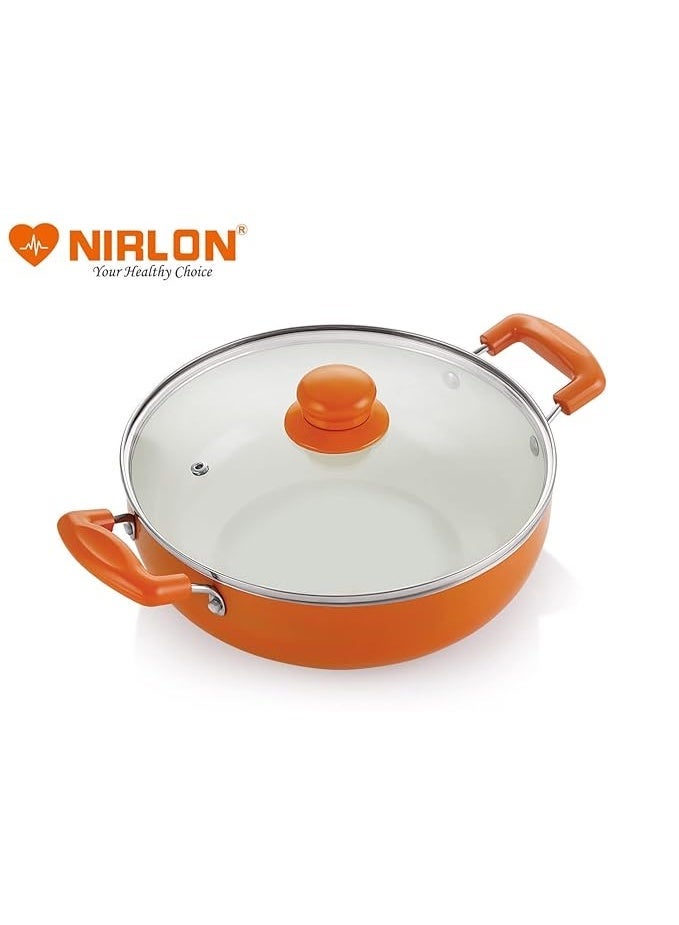 Nirlon Ceramic Non Stick Induction Aluminium Kadhai with glass lid, 3.6 litres, Orange - Image 2