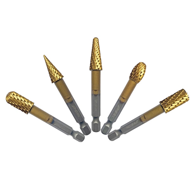 NordWolf 5-Piece Rotary Burr Carving Rasp Files Set, with 1/4" Hex Shank for Metal, Soft Metal, Wood & Plastic Deburring, Shaping, Grooving, Polishing and Grinding - Image 5