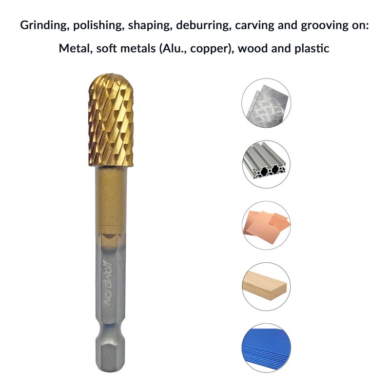 NordWolf 5-Piece Rotary Burr Carving Rasp Files Set, with 1/4" Hex Shank for Metal, Soft Metal, Wood & Plastic Deburring, Shaping, Grooving, Polishing and Grinding - Image 2