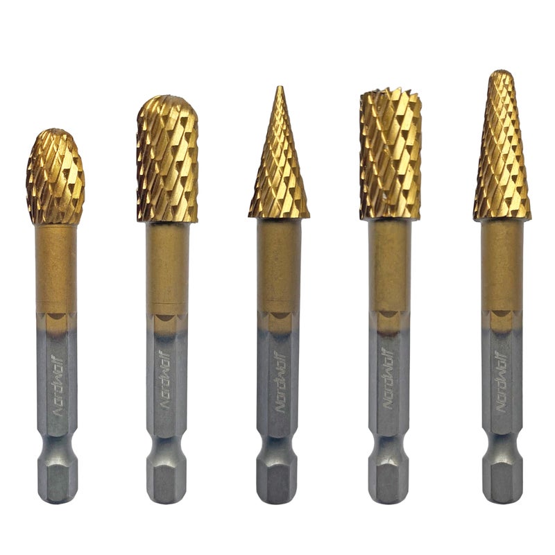 NordWolf 5-Piece Rotary Burr Carving Rasp Files Set, with 1/4" Hex Shank for Metal, Soft Metal, Wood & Plastic Deburring, Shaping, Grooving, Polishing and Grinding - Image 1