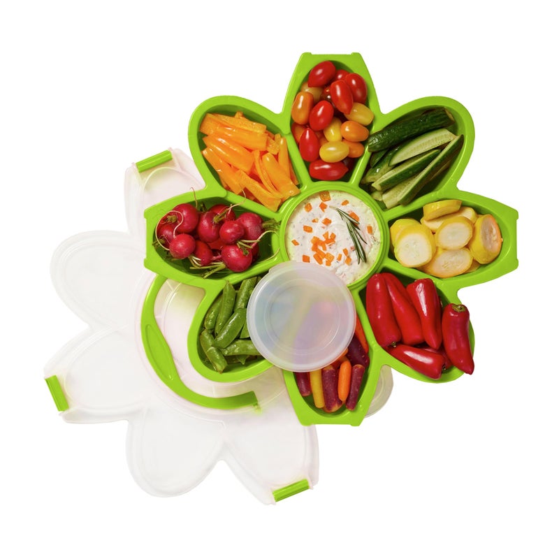 KOLORAE Flower Snack Serving Tray 9 Compartment Party Platter with Dressing Cup for Chips and Dip Fruits and Veggies Game Day Summer Entertaining Tray