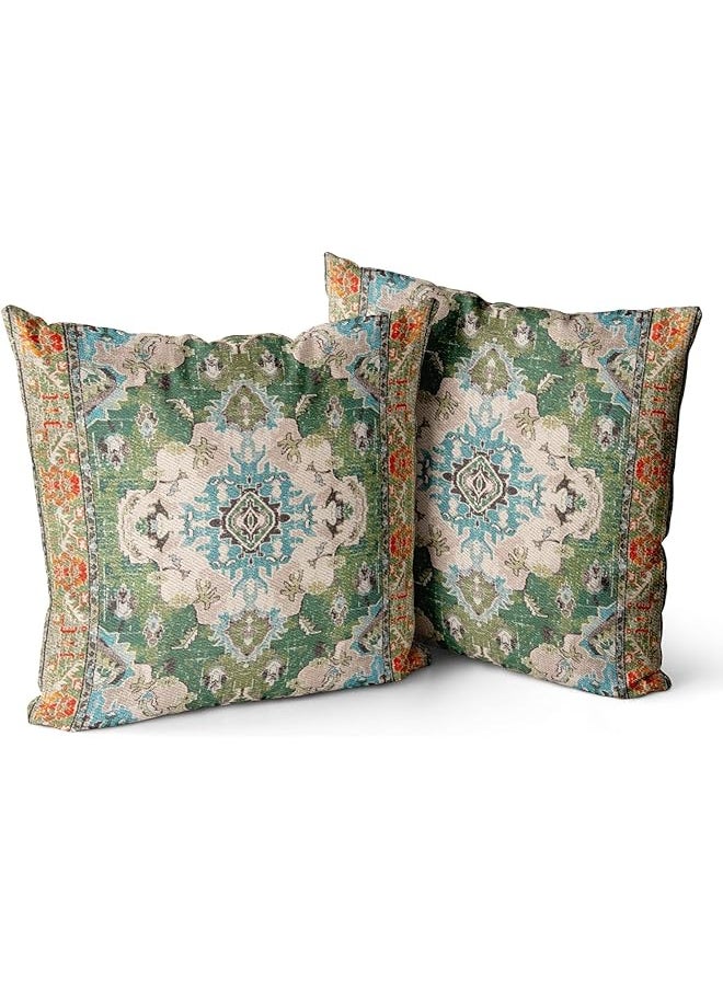 The Bros Boho Throw Pillow Covers, 18x18 inch Set of 2 Monaco Rug Persian Carpet Double Sided Pattern Cotton Soft Pillow Case Cushion Cover Pillowcase for Couch Sofa Bed Decorative (Green)  - Image 1