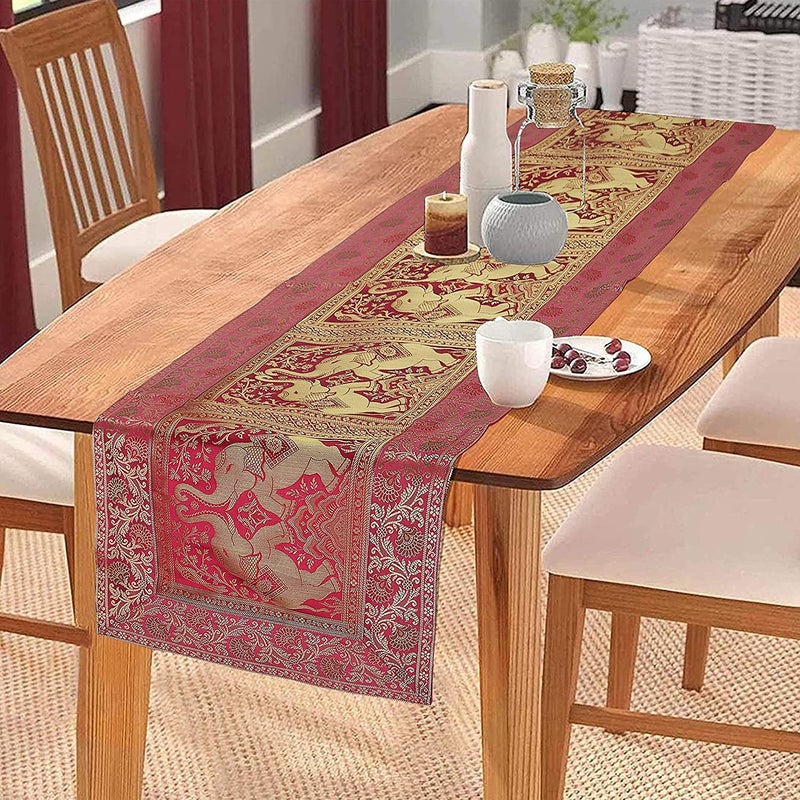 EEZRA Room Decorative Pink Gold Long Silk Table Runner for Dinning Table Centre Table 4 6 Seater Elephant 60 by 16 in