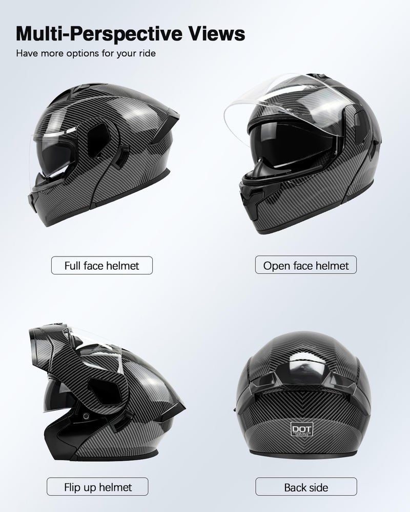 TTMiku Motorcycle Helmet, Youth Adult Full Face Flip Up Modular Dirt Bike ATV Motorbike Street Race Helmet Casco para Moto, DOT Approved (Carbon Fiber, Large) - Image 2