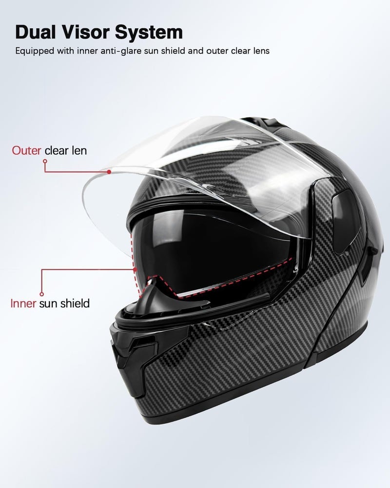 TTMiku Motorcycle Helmet, Youth Adult Full Face Flip Up Modular Dirt Bike ATV Motorbike Street Race Helmet Casco para Moto, DOT Approved (Carbon Fiber, Large) - Image 4