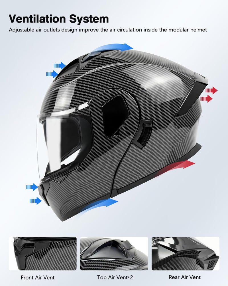 TTMiku Motorcycle Helmet, Youth Adult Full Face Flip Up Modular Dirt Bike ATV Motorbike Street Race Helmet Casco para Moto, DOT Approved (Carbon Fiber, Large) - Image 3