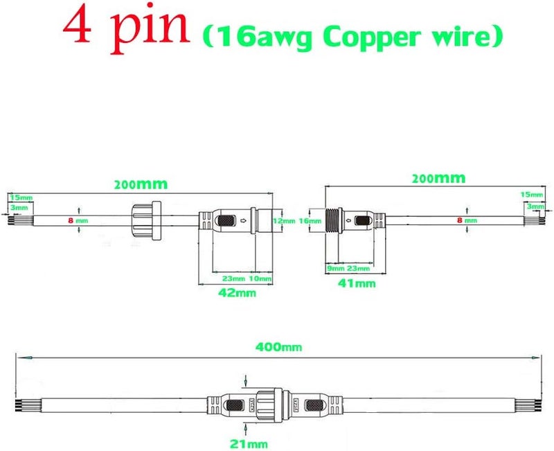 YETOR Waterproof Connector 4 Wire,16AWG Male Female Plug LED Connector Witch 4Pin Waterproof Connectors IP68 with 20CM Extension Cable for Indoor/Outdoor LED Strip Lights.(5Pairs) - Image 3