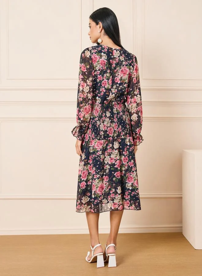 Styli Floral Print Smocked Detail A-Line Midi Dress