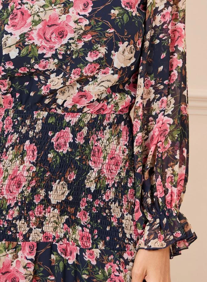Styli Floral Print Smocked Detail A-Line Midi Dress