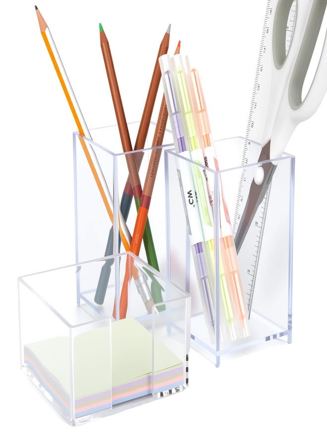 FIMXSD 3 Pcs Acrylic Pen Pencil holder and Sticky Note Holder,Clear Desk Organizer,Desk Accessories for Office School Home - Image 1