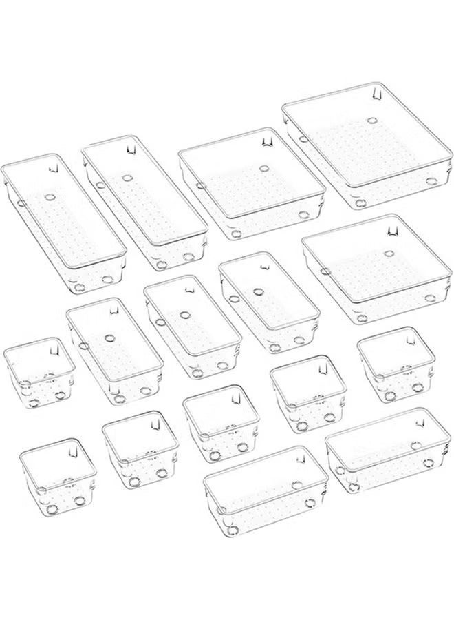 16-Piece Drawer Organizer with Non-Slip Pads, Desk Storage Tray for Makeup, Jewelries, Utensils in Bedroom Dresser, Office and Kitchen, Clear - Image 1