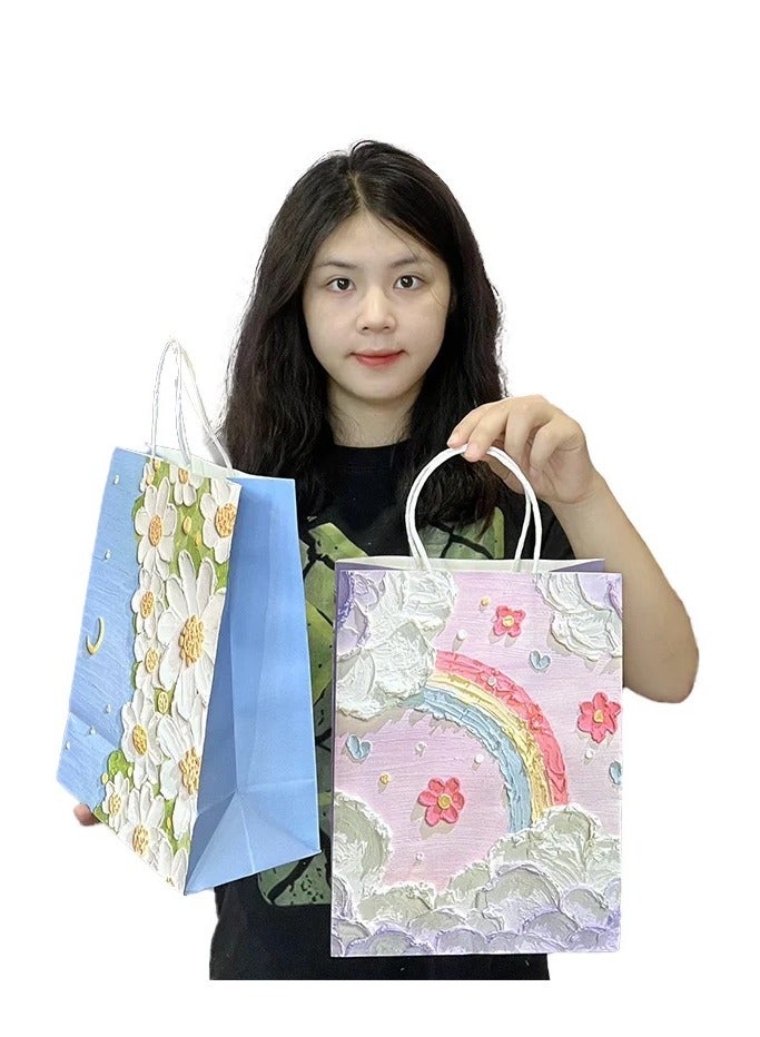 10 قطع من أكياس ورقية فاخرة لهدايا رمضان والعيد وأكياس ورقية كرافت فاخرة مقاس 21*11*27 سم أكياس ورقية مرسومة برسومات زيتية لبحر السحب ثلاثية الأبعاد - Image 4