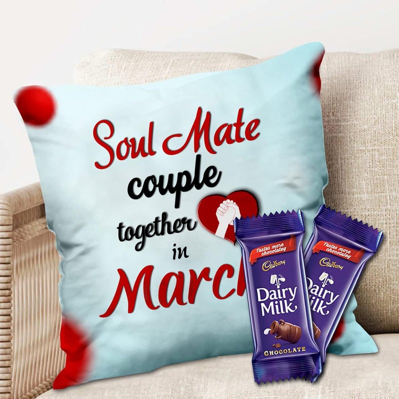 Midiron Gifts for Couple Chocolate Gift for Wife Chocolate Gift Soul Mate Together in March Printed Cushion with Dairy Milk Chocolate