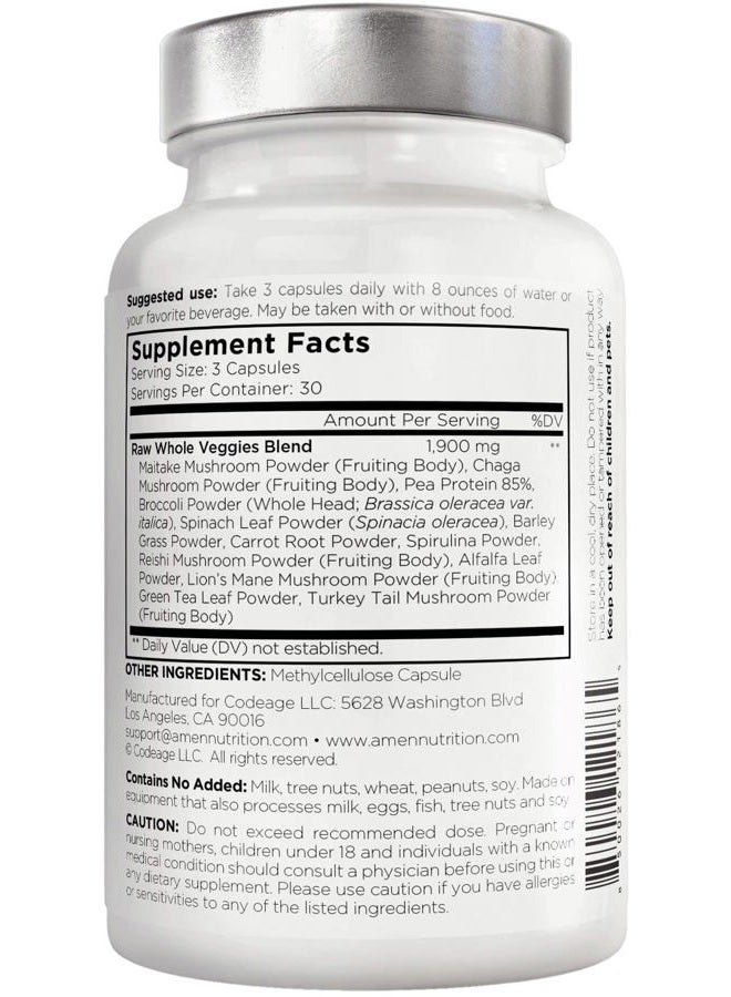 Amen Veggies, Daily Veggies Vitamins Supplement, Vegetables Vegan Blend & Whole-Food Raw Greens Multivitamin Capsules, Mushroom Complex, Superfood, Minerals, Green Vegetable Nutrients, Non-GMO, 90 ct - Image 4