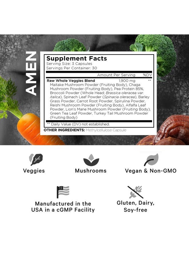 Amen Veggies, Daily Veggies Vitamins Supplement, Vegetables Vegan Blend & Whole-Food Raw Greens Multivitamin Capsules, Mushroom Complex, Superfood, Minerals, Green Vegetable Nutrients, Non-GMO, 90 ct - Image 2