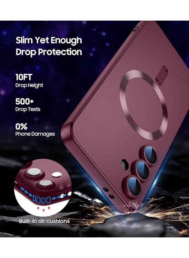 جراب مغناطيسي متوافق مع Samsung Galaxy A26 [متوافق مع MagSafe] [واقي عدسة الكاميرا المدمج] جراب هاتف رفيع ناعم من السيليكون مقاوم للصدمات لامع معدني (أحمر نبيذي) - Image 3