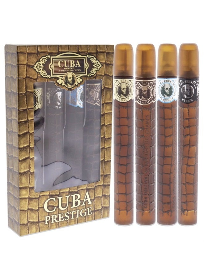 Cuba مجموعة هدايا Prestige للرجال 1.17 أونصة بخاخ EDT الكلاسيكي، 1.17 أونصة بخاخ EDT الأسود، 1.17 أونصة بخاخ EDT البلاتيني، 1.17 أونصة بخاخ EDT Legacy 4 قطع
