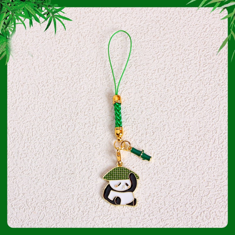 Creative Metal Panda Keychain Cute Bag Charm (wearing bamboo hat panda bamboo) green gold lobster clasp set