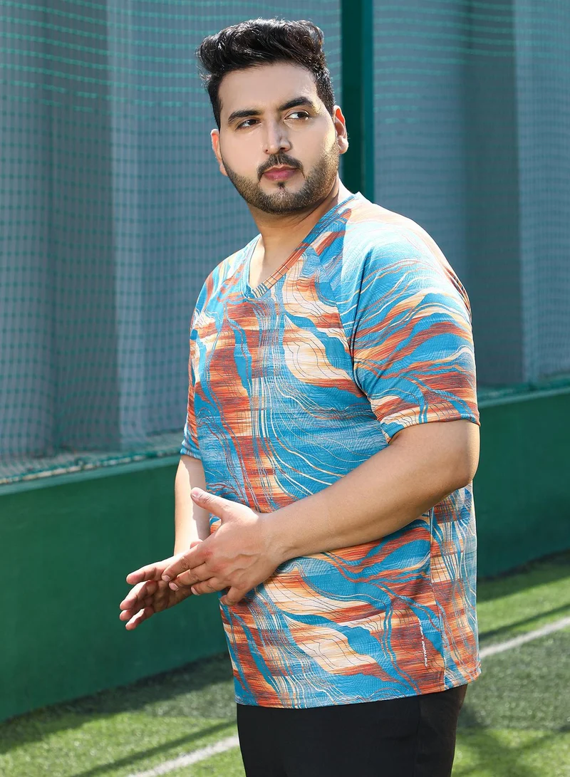 Instafab Plus  Men's Sky Blue & Rust Orange Lined-Dye Activewear T-Shirt for Men | Best Price UAE