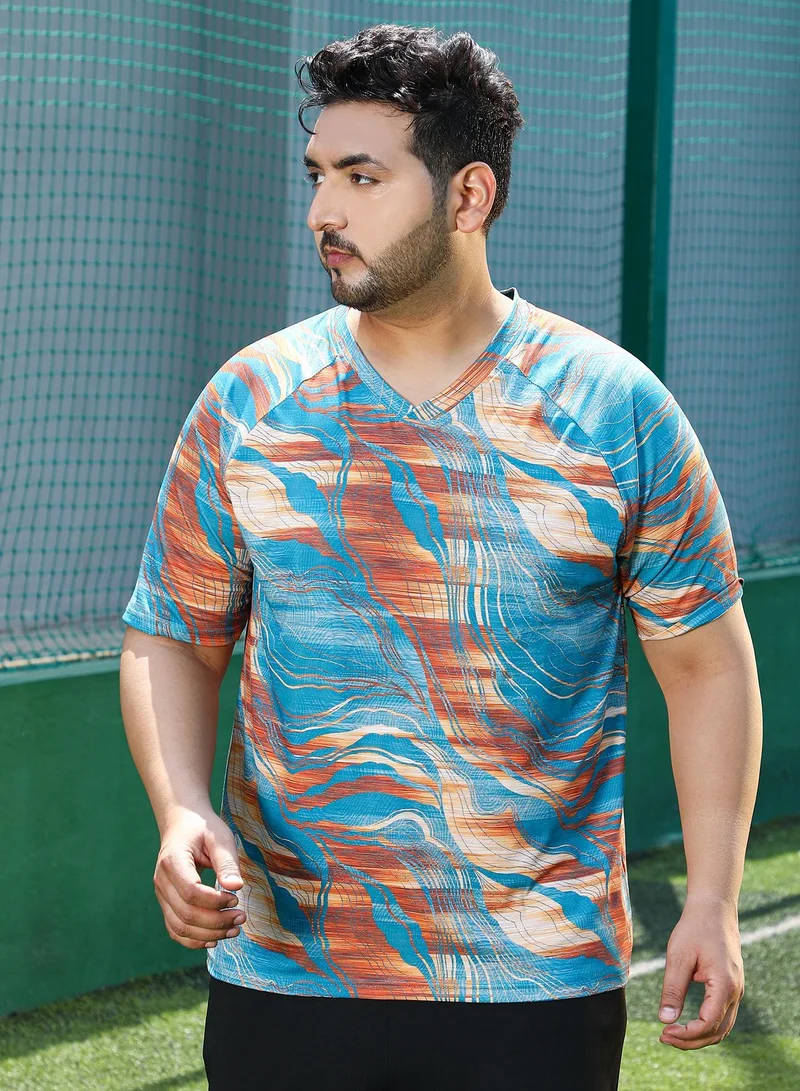 انستافاب بلس تيشيرت رجالي Instafab Plus أزرق سماوي وبرتقالي صدئ مطبوع للملابس الكاجوال | مقاس كبير