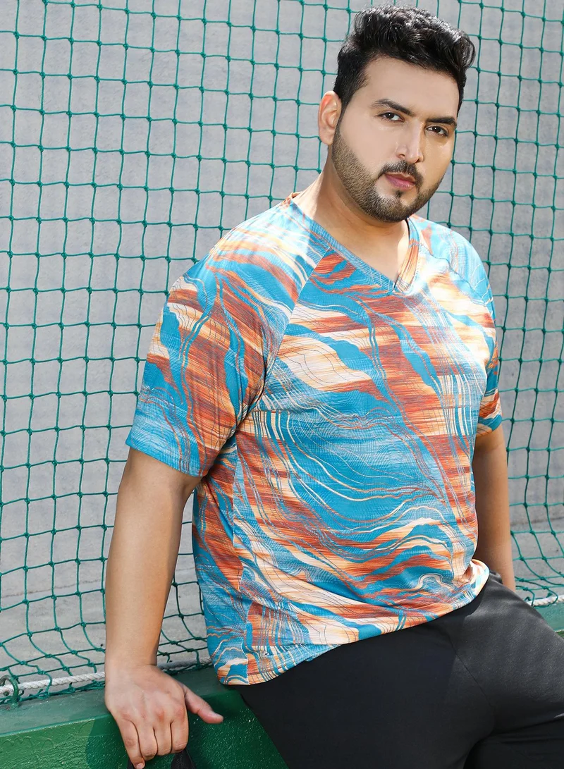 انستافاب بلس تيشيرت رجالي Instafab Plus أزرق سماوي وبرتقالي صدئ مطبوع للملابس الكاجوال | مقاس كبير