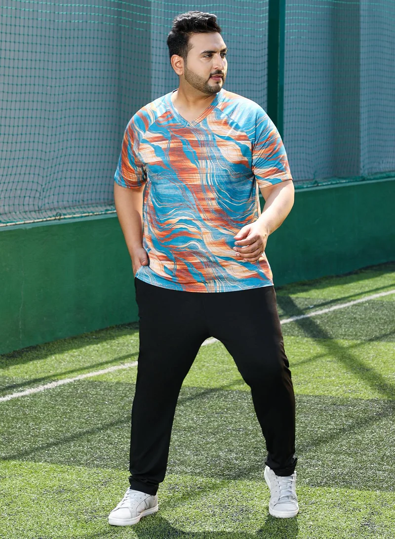 Instafab Plus  Men's Sky Blue & Rust Orange Lined-Dye Activewear T-Shirt for Men | Best Price UAE