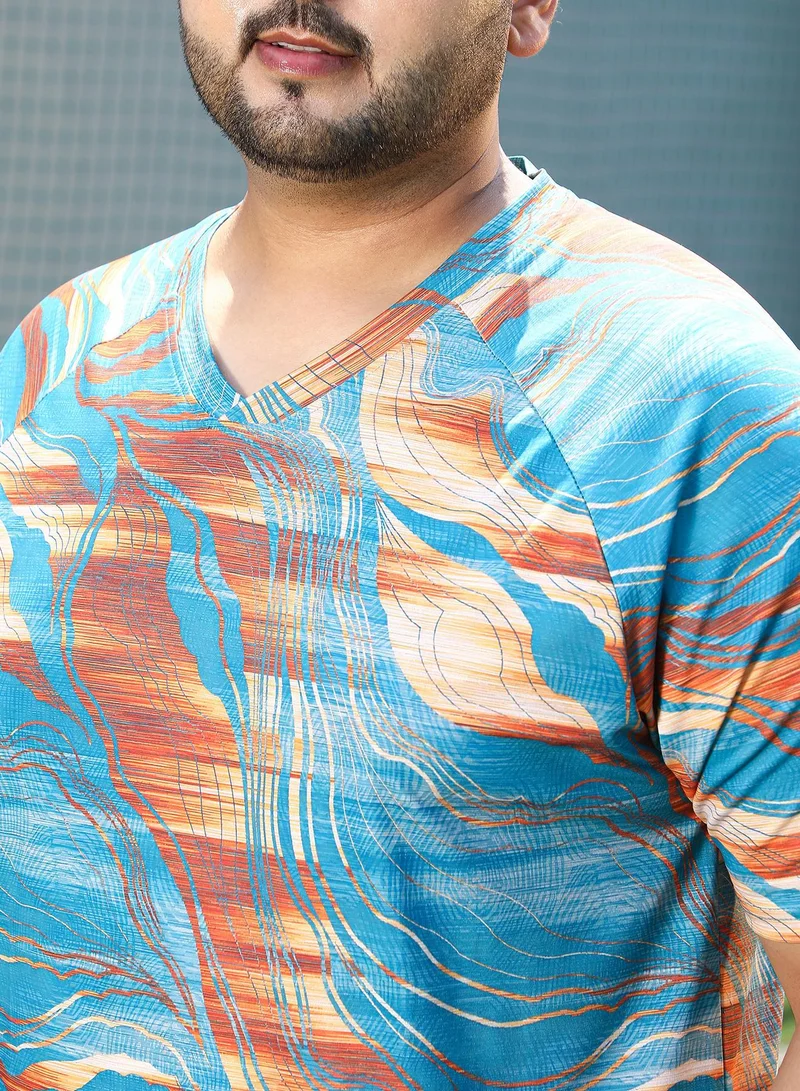 Instafab Plus  Men's Sky Blue & Rust Orange Lined-Dye Activewear T-Shirt for Men | Best Price UAE