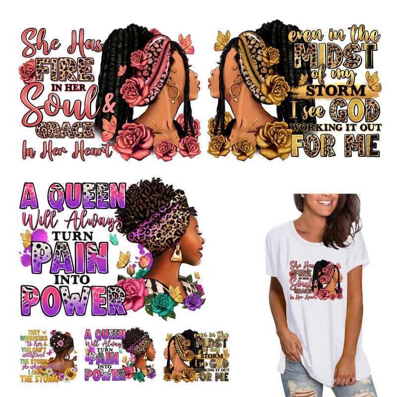 RURUIS 6 Sheets Black Woman Iron On Decals Heat Tansfer Patches for Clothing T-Shirt Vinyl Sticker Paper Afro Woman Design Ready to Press Decoration Applique - Image 1